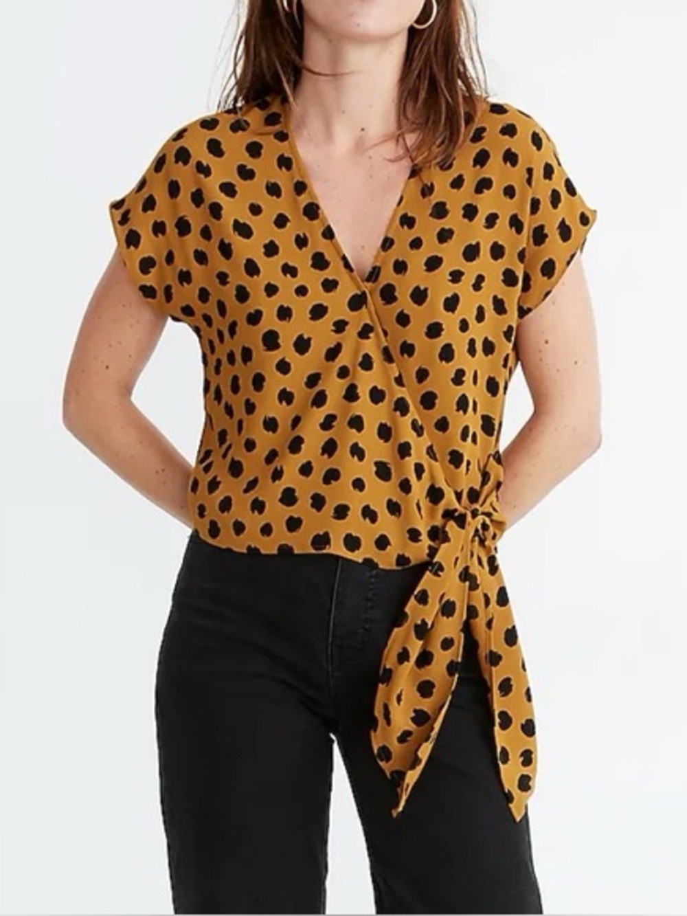 Madewell Mustard Yellow Black Dot Tie-Front Crop Top